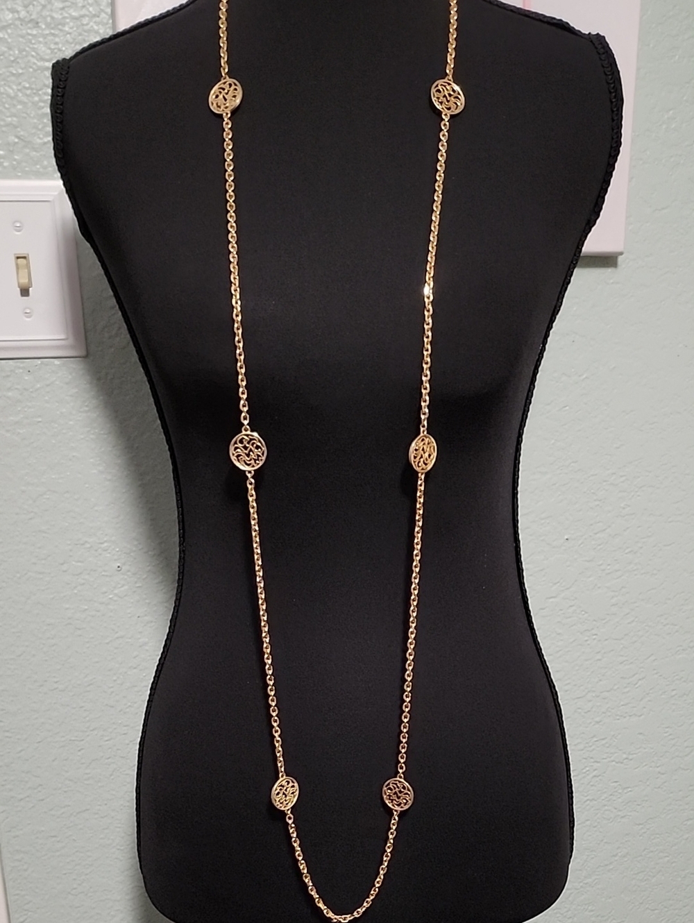 Gold Long Statement Necklace with Filigree Discs - Women Jewelry